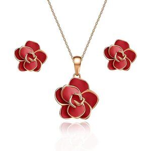 EVEVIC Fashion Rose Flower Stud Earrings Necklace Set